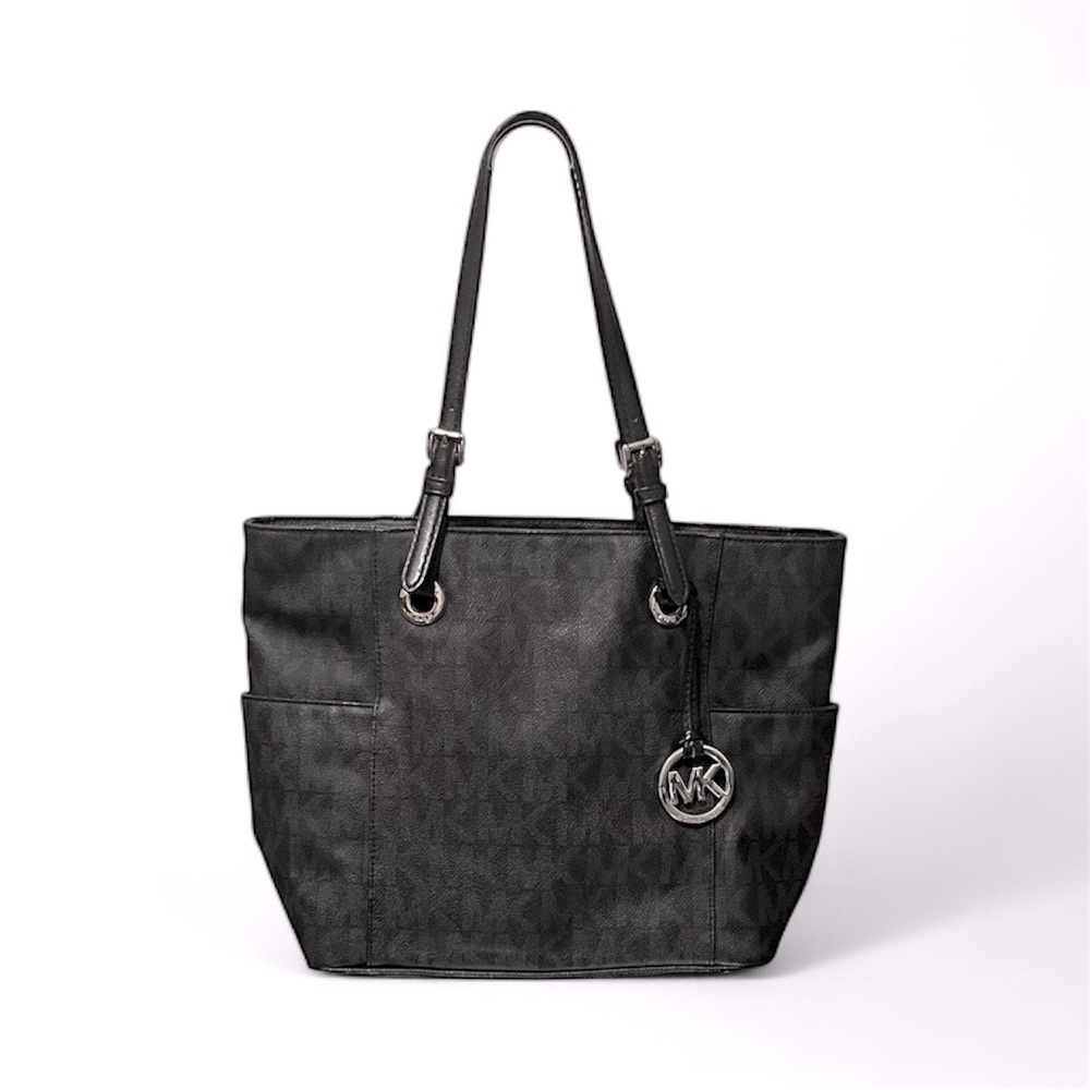 Michael Kors Signature Black Tote with Dark Gray MK and Silver Hardware